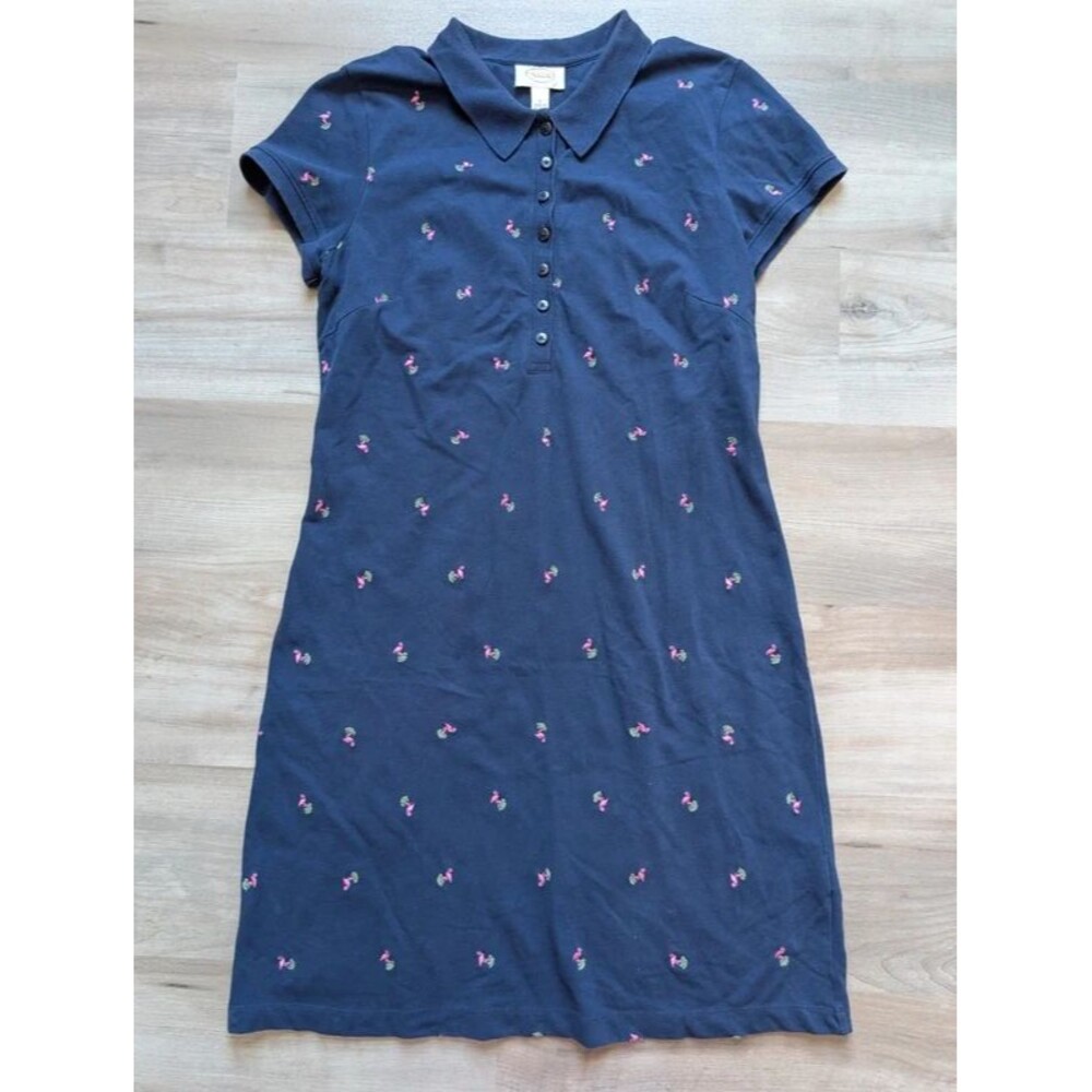 Talbots Embroidered Flamingo Piqué Polo Dress in Navy Blue, Large (D2)